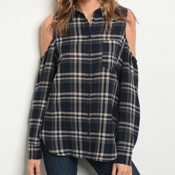 Last size S! Long sleeve cold shoulder plaid shirt - Picture 3 of 4